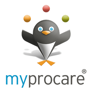 A penguin juggling balls with the words " myprocare ".