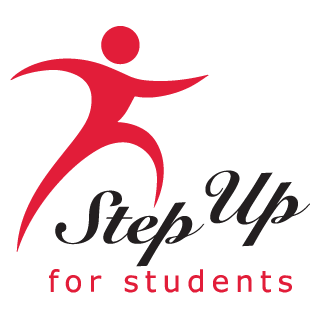 A red and black logo for step up for students.